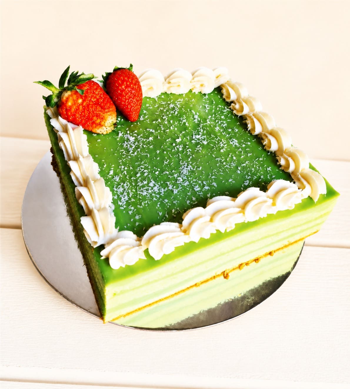 Pandan layer birthday cake with piped cream